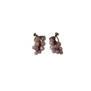 Vintage Pink Beaded Grape Dangle Gold Screw Back Earrings